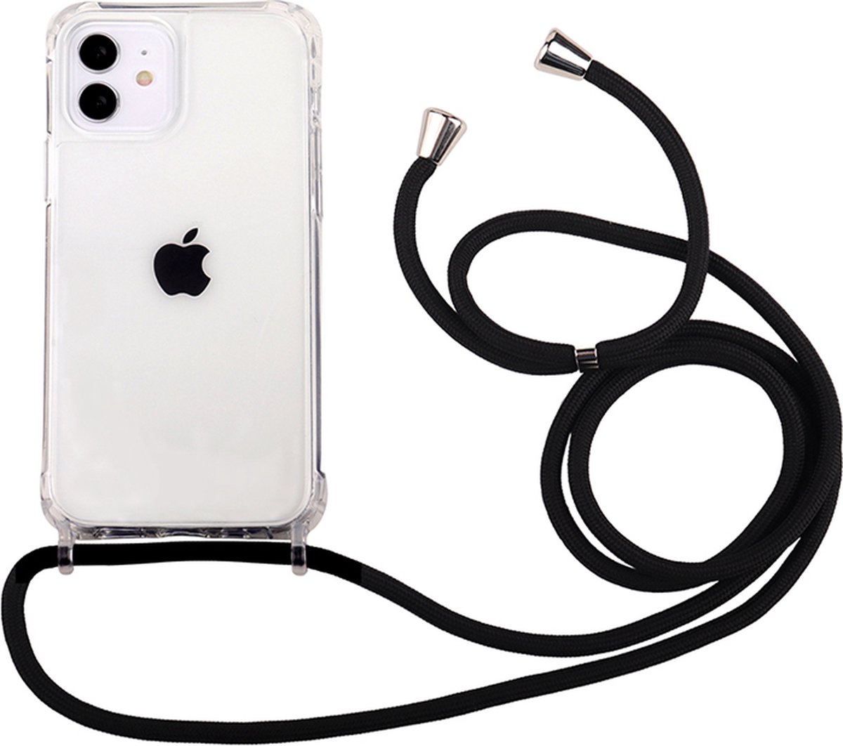 iPhone 12 Mini transparant TPU hoesje met koord - Zwart koord - TPU - Stevig - Telehoesje - Goedkoop - Necklace - Neckstrap - Telefoon koord - Telefoonhoesje met koord - Ketting koord - Verstelbaar koord