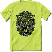 Wolf - Dieren Mandala T-Shirt | Blauw | Grappig Verjaardag Zentangle Dierenkop Cadeau Shirt | Dames - Heren - Unisex | Wildlife Tshirt Kleding Kado | - Groen - 3XL