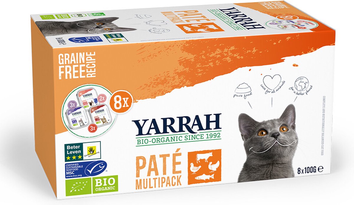 8x Yarrah Bio Kattenvoer Multipack Paté Graanvrij Kip – Rund 8 x 100 gr 8x Yarrah Bio Kattenvoer Multipack Paté Graanvrij Kip – Rund 8 x 100 gr