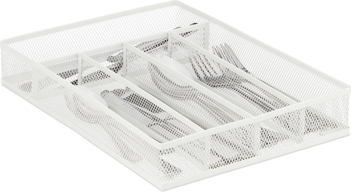 Metaal lade organizer voor bestek - 5 vakken - mesh design - wit - 5.5 x 23.5 x 32 cm