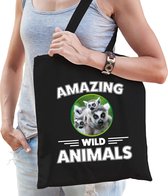 Katoenen tasje maki - zwart - volwassen + kind - amazing wild animals - boodschappentas/ gymtas/ sporttas - ringstaart makis fan