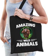 Katoenen tasje aap - zwart - volwassen + kind - amazing wild animals - boodschappentas/ gymtas/ sporttas - orang oetan apen fan