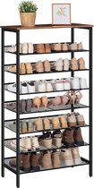 Schoenenrek met 8 niveaus, hoog, groot smal schoenenrek, met platte en kantelbare roosterplanken, metaal, voor 21-28 paar schoenen, voor entree, hal, vintage bruin-zwart