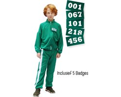Squid Game Pak | Squid Game Deelnemer Retro Trainingspak Groen Inclusief 5 Badges Kind Kostuum | Maat 152 | Carnaval kostuum | Verkleedkleding
