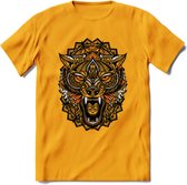 Wolf - Dieren Mandala T-Shirt | Oranje | Grappig Verjaardag Zentangle Dierenkop Cadeau Shirt | Dames - Heren - Unisex | Wildlife Tshirt Kleding Kado | - Geel - M