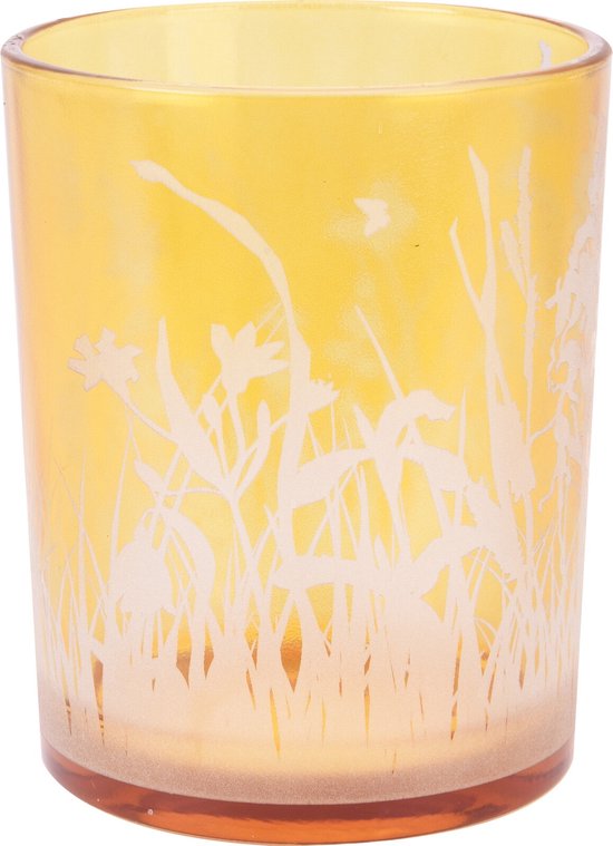 Theelichthouder glas 10x12 cm geel