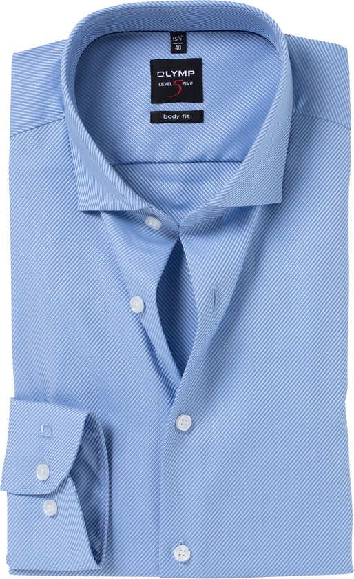 OLYMP Level 5 body fit overhemd - mouwlengte 7 - lichtblauw diamant twill - Strijkvriendelijk - Boordmaat: