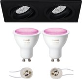 Proma Borny Pro - Inbouw Rechthoek Dubbel - Mat Zwart - Kantelbaar - 175x92mm - Philips Hue - LED Spot Set GU10 - White and Color Ambiance - Bluetooth