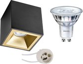 Opbouwspot Set - Pragmi Cliron Pro - GU10 Fitting - Opbouw Vierkant - Mat Zwart/Goud - Verdiept - 90mm - Philips - SceneSwitch 827 36D - 1.5W-5W - Warm Wit 2200K-2700K - Dimbaar - BES LED