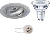 LED Spot Set - Pragmi Alpin Pro - GU10 Fitting - Inbouw Rond - Mat Zilver - Kantelbaar Ø92mm - Philips - CorePro 830 36D - 4W - Warm Wit 3000K - Dimbaar - BES LED