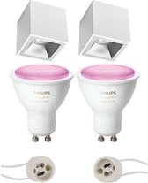 Pragmi Cliron Pro - Opbouw Vierkant - Mat Wit/Zilver - Verdiept - 90mm - Philips Hue - Opbouwspot Set GU10 - White and Color Ambiance - Bluetooth - BSE