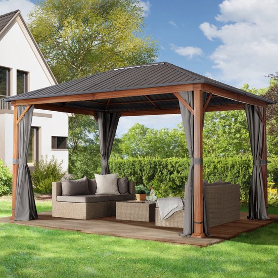 Pavillon de jardin 3x4 m aspect bois toit acier hardtop 4 parois latérales  gris | bol