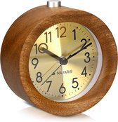 Navaris analoge klassieke houten wekker - Retro tafelklok met alarm, sluimerfunctie en verlichting - Rond - Donkerbruin met goudkleurige wijzerplaat