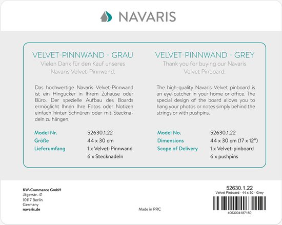 Navaris prikbord fotowand met lint – Fotohouder 44 x 30 cm – Fluwelen fotoprikbord - Voor foto’s en ansichtkaarten - Inclusief spelden - Grijs - Navaris
