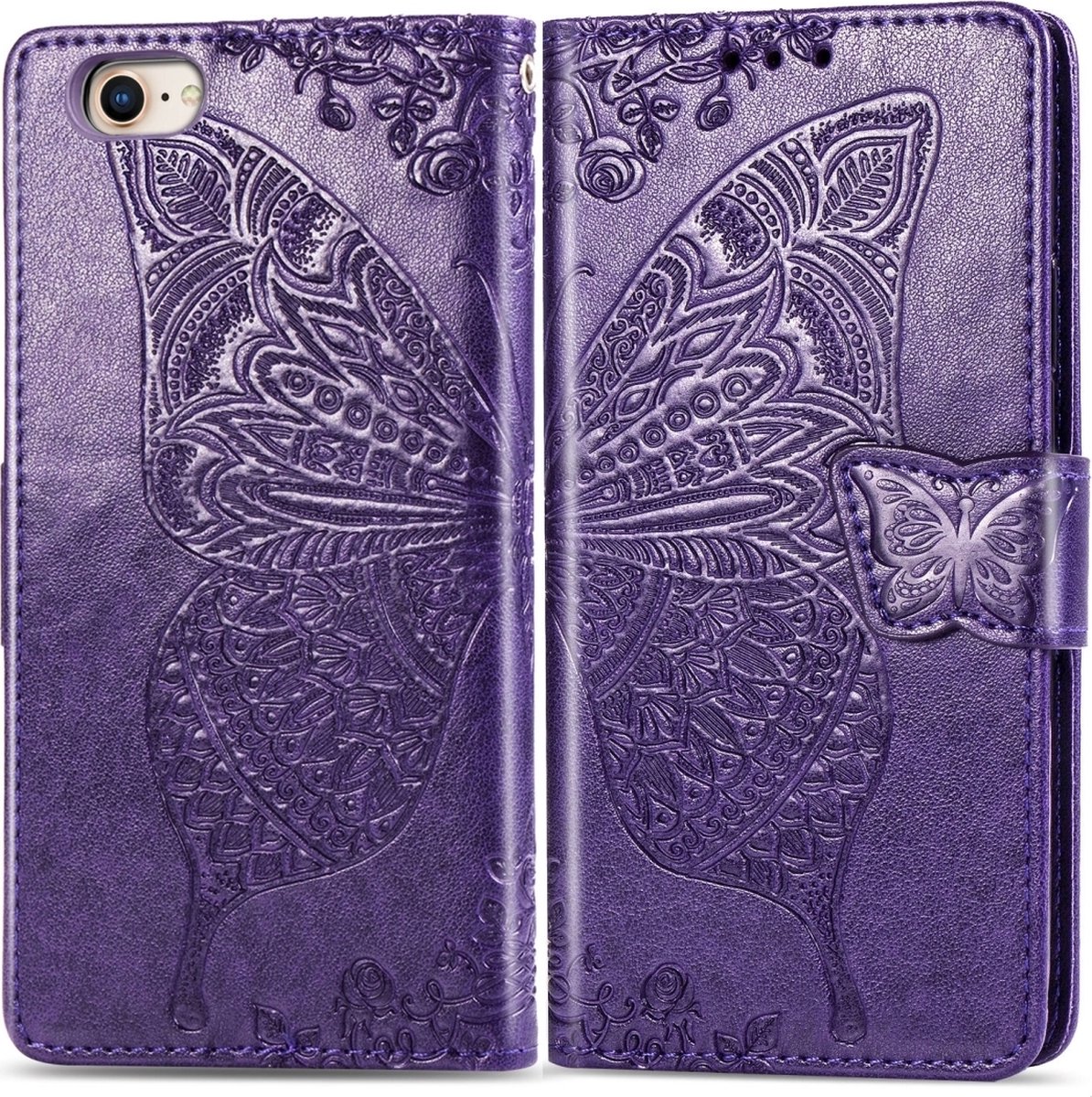 Mobigear Telefoonhoesje geschikt voor Apple iPhone SE (2020) Hoesje | Mobigear Butterfly Bookcase Portemonnee | Pasjeshouder voor 3 Pasjes | Telefoonhoesje voor Pinpas / OV Kaart / Rijbewijs - Paars