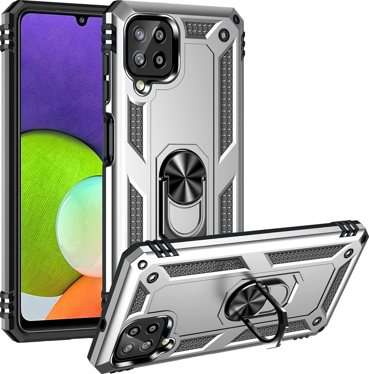 Mobigear Hoesje geschikt voor Samsung Galaxy A22 4G Telefoonhoesje Hardcase | Mobigear Armor Ring Backcover Shockproof met Ringhouder | Schokbestendig Galaxy A22 4G Telefoonhoesje | Anti Shock Proof - Zilver
