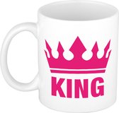 1x Cadeau King beker / mok - wit met fuchsia roze bedrukking - 300 ml keramiek - witte bekers