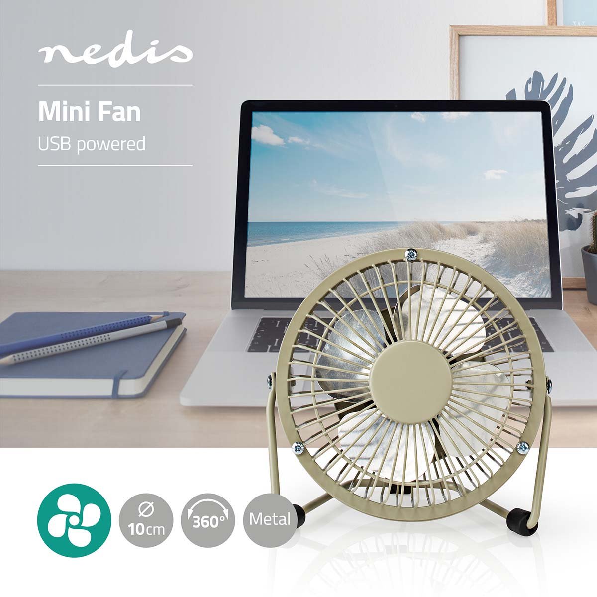 Nedis Tafelventilator | USB Gevoed | Diameter: 100 mm | 3 W | 1 Snelheid | Grijs