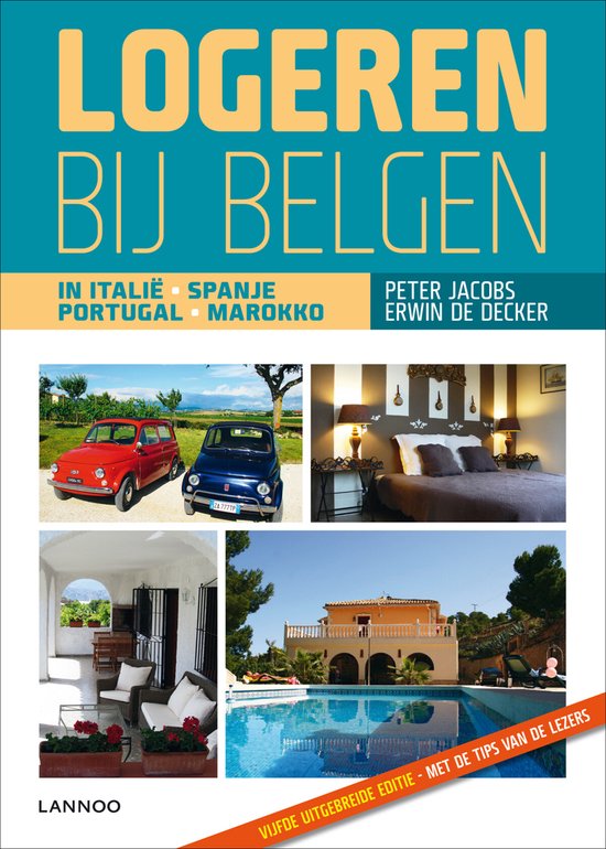 Boekcover 'Logeren bij Belgen' met rode en blauwe Fiatjes, slaapkamer, terras en zwembad.