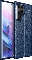 Samsung Galaxy S22 Ultra Hoesje - MobyDefend TPU Gelcase - Lederlook - Navy Blauw - GSM Hoesje - Telefoonhoesje Geschikt Voor Samsung Galaxy S22 Ultra