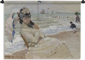 Wandkleed - Wanddoek - Camille on the beach at Trouville - schilderij van Claude Monet - 120x90 cm - Wandtapijt