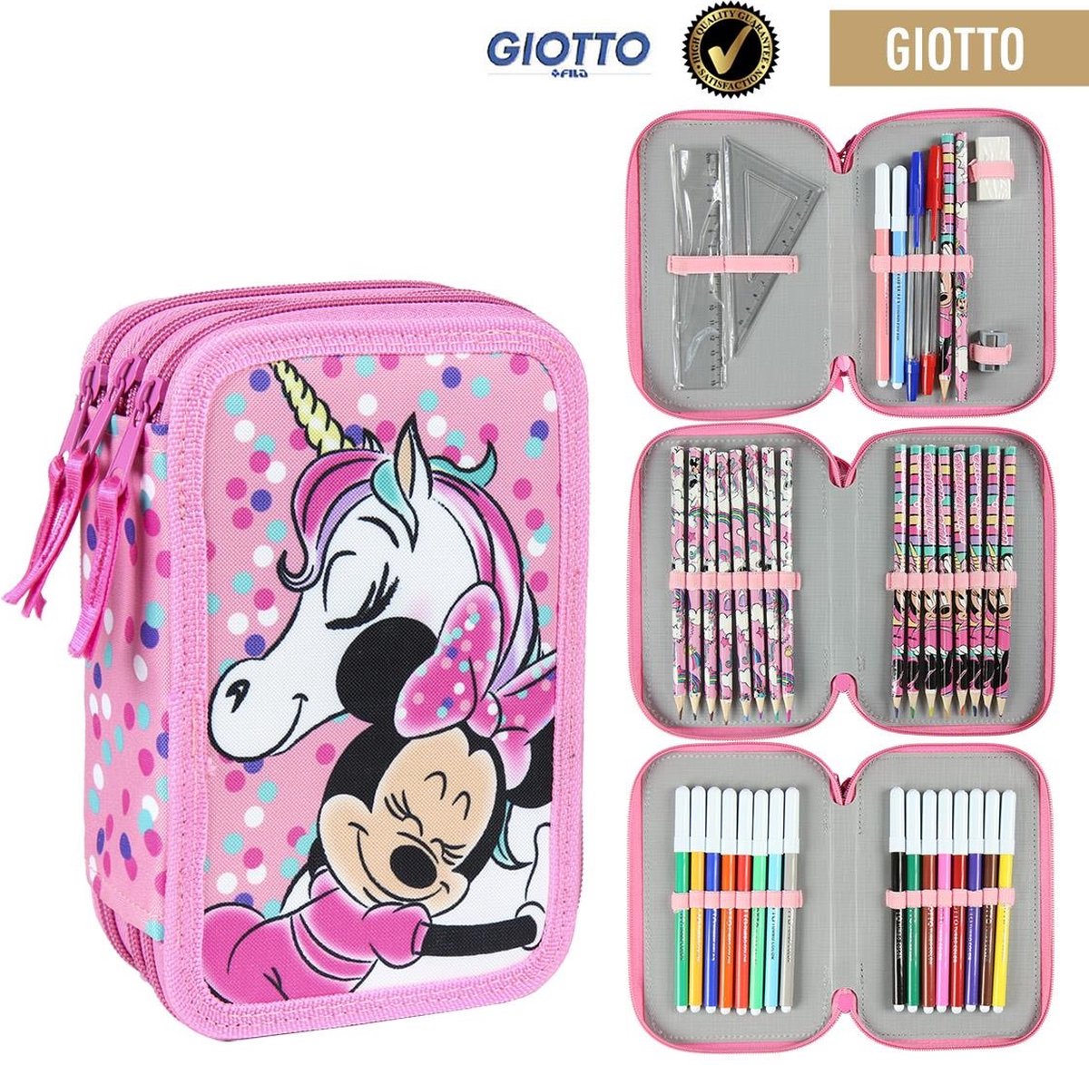 Disney Minnie Mouse Driedubbele etui met inhoud Eenhoorn - 3 vakken
