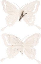 6x stuks decoratie vlinders op clip glitter wit 14 cm - Bruiloftversiering/kerstversiering decoratievlinders
