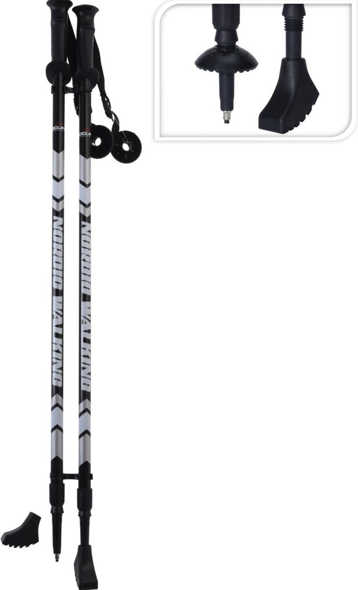 Gezond bewegen set 2x stuks Nordic Walking verstelbare wandelstokken zwart/zilver