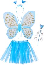 Relaxdays 1x fee kostuum kinderen - blauwe vlindervleugels - toverstaf - diadeem