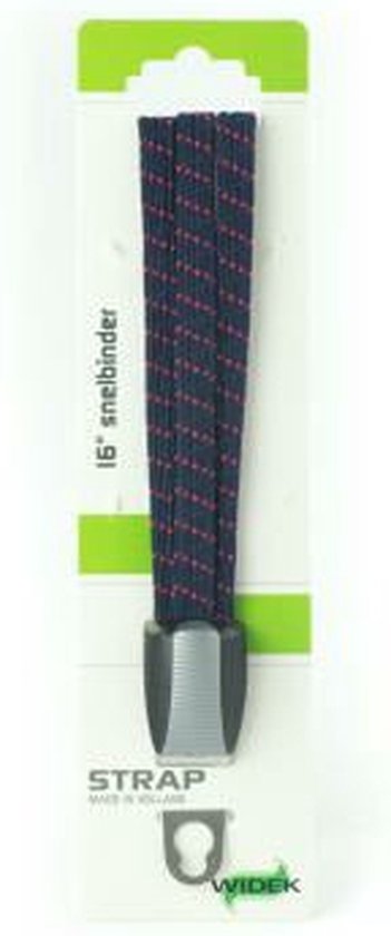 Donkerblauwe snelbinder met rode stippen, 16 inch, verpakt in karton met groene en witte accenten. "STRAP MADE IN HOLLAND WIDEK".