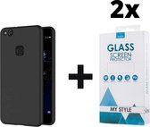 Siliconen Backcover Hoesje Huawei P10 Lite Zwart - 2x Gratis Screen Protector - Telefoonhoesje - Smartphonehoesje