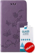 Bookcase Vlinders Hoesje Met Pasjeshouder Huawei P20 Lite Paars - Gratis Screen Protector - Telefoonhoesje - Smartphonehoesje