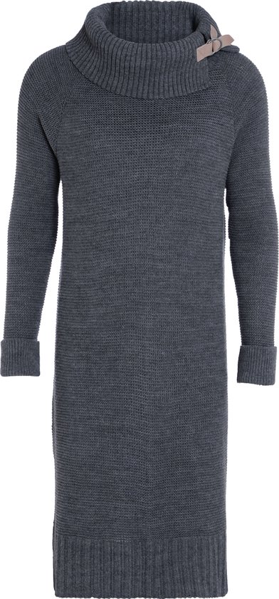 Knit Factory Jamie Gebreide Dames Jurk - Trui jurk dames - Wollen jurk - Herfst- & winterjurk - Wijde jurk - Met warme opstaande kraag - Antraciet - 36/38 - Knielengte