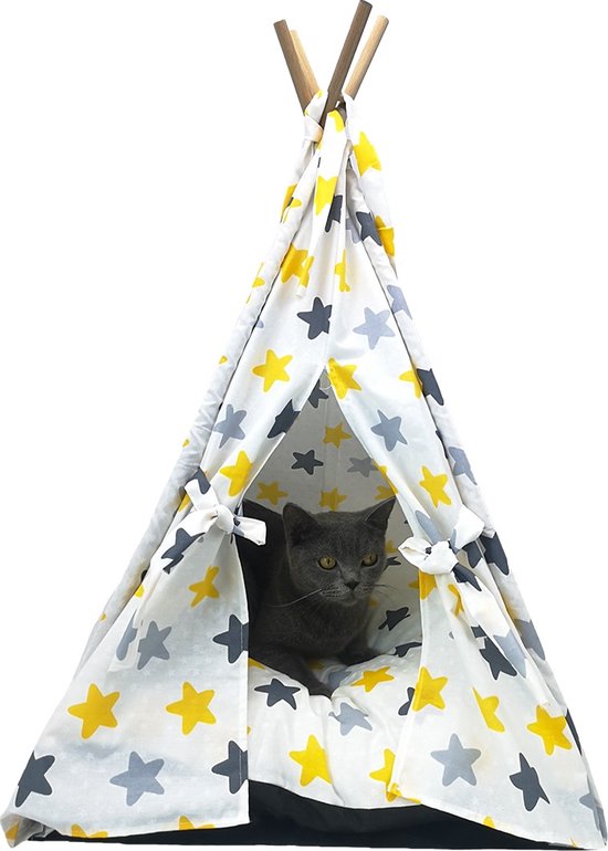 Pochon Pet - Tipi Tent met Sterretjes - Zwart/Goud/Zilver - 65 x 50 x 50 cm - Dierentent - Tent voor Huisdieren