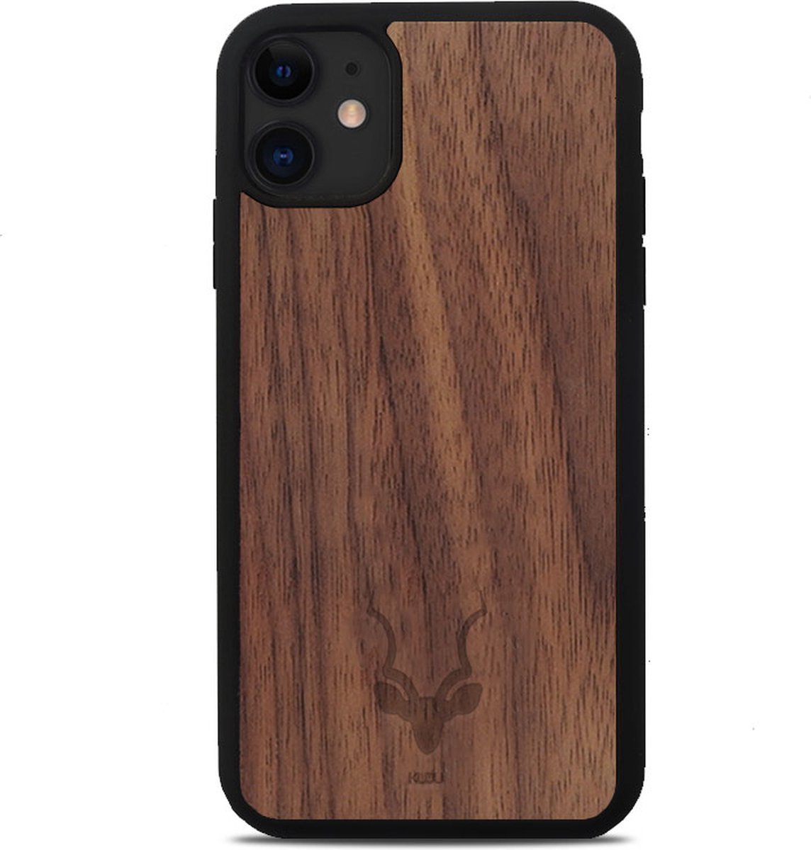 Kudu iPhone 12 hoesje case - Houten backcover - Handgemaakt en afgewerkt met duurzaam TPU - Walnoot - Zwart