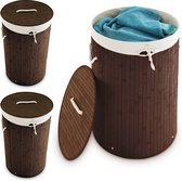 Relaxdays 3x wasmand bamboe - wasbox met deksel - 70 liter - rond - 65 x 41 cm - bruin