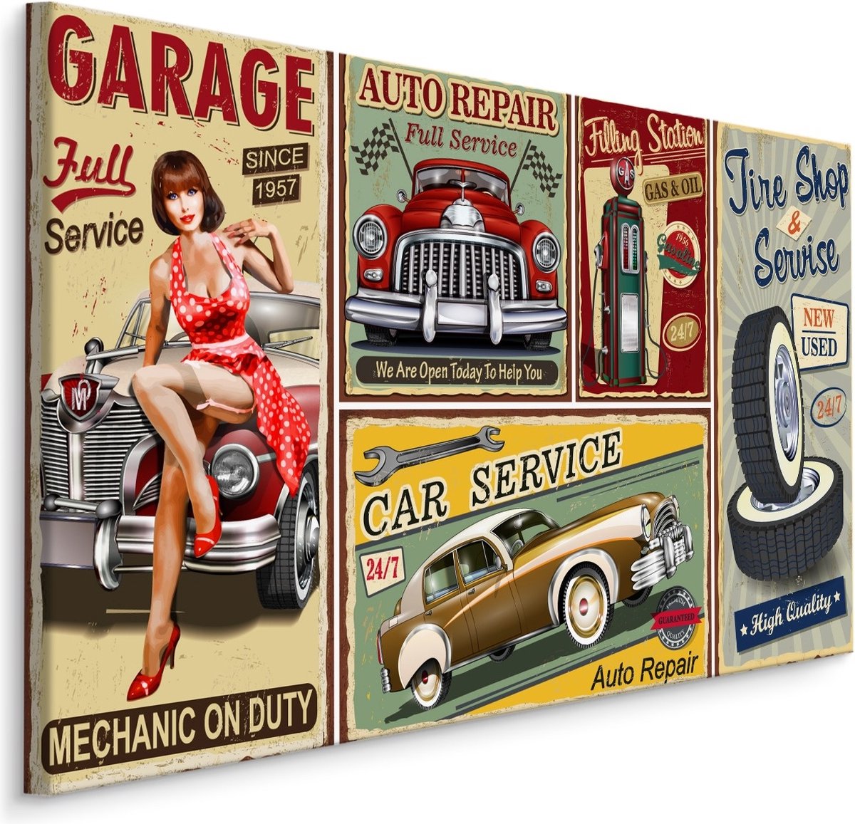 karo-art Schilderij - Collage van Garage doeken, 5 maten, Premium Print Multikleur