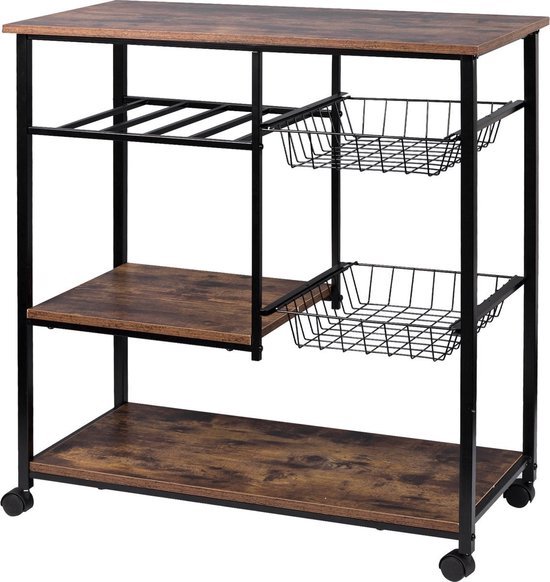 Foto: Industri le keukentrolley op wieltjes trolley serveerwagen roltafel bar cart 80x40x86 cm mdf metaal bruin