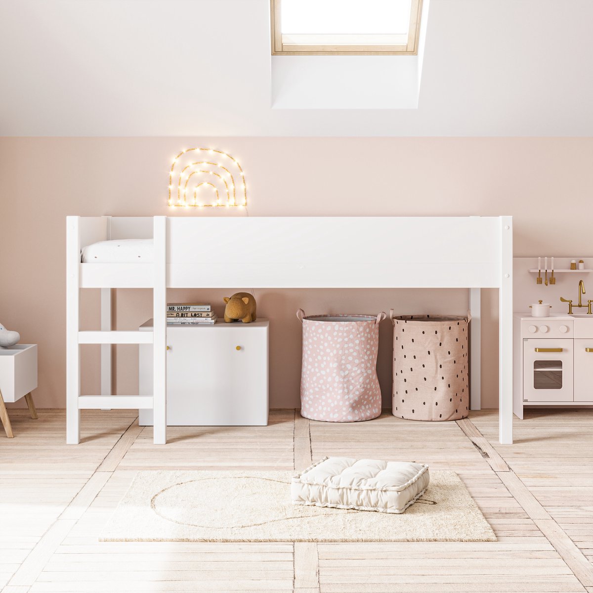 Petite Amélie Kinderbed - Halfhoogslaper voor kinderen 200x90 cm - Perfecte voor kliene kinderkamer - Creëer een avontuurlijke en georganiseerde ruimte - Arbre Collectie - Wit