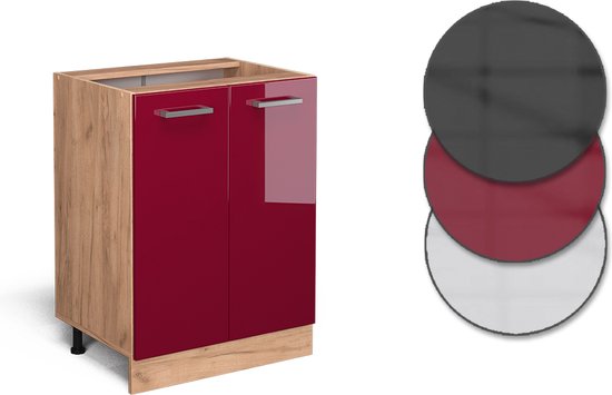Vicco Élément bas de cuisine R- Line, Rouge bordeaux brillant/Chêne doré puissant, 60 cm, Chêne WB