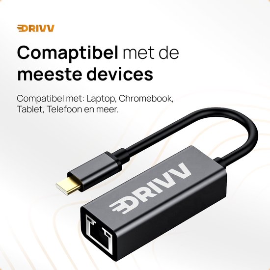 Grijze DRIVV adapter met USB-C naar Ethernet poort, "Comaptibel met de meeste devices" tekst.