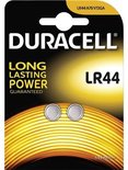 Duracell LR44 batterijen, LR44/A76/V13GA, in verpakking met oranje gloeiende lijnen.