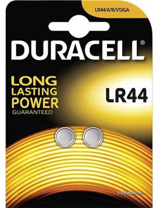 Duracell LR44 batterijen, LR44/A76/V13GA, in verpakking met oranje gloeiende lijnen.