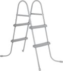 Grijze zwembadladder met een metalen frame en vier treden.