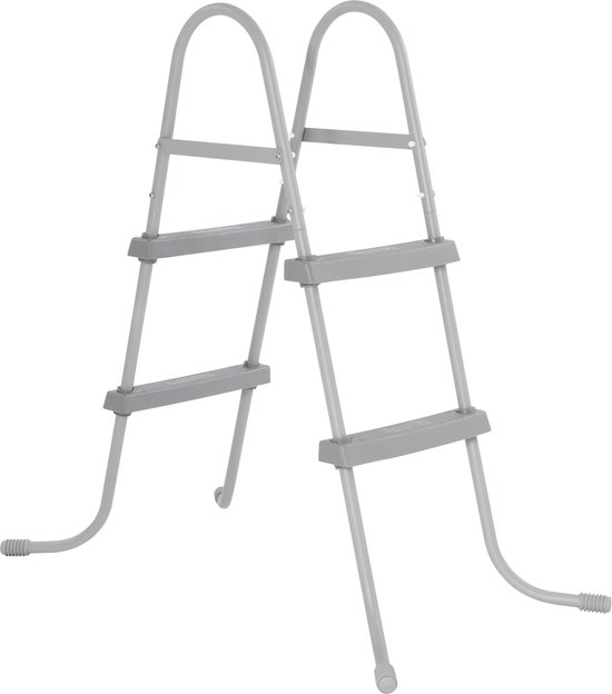Grijze zwembadladder met een metalen frame en vier treden.
