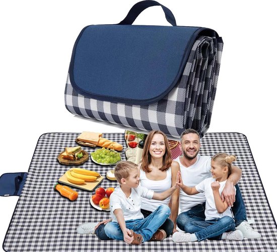 Extra grote picknickdeken voor buiten, stranddeken, waterdicht, zandbestendig, met schouderriem, machinewasbaar, picknickmat met palen voor grasconcert, park, gazon, reizen, lente en zomer. Blauw