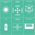 Infographic met specificaties: groene laser, 8000 uur levensduur, 18m bereik, 1/4" statiefdraad, 4 uur batterij, 0.8 mm/m nauwkeurigheid, zelfnivellerend ±5°.