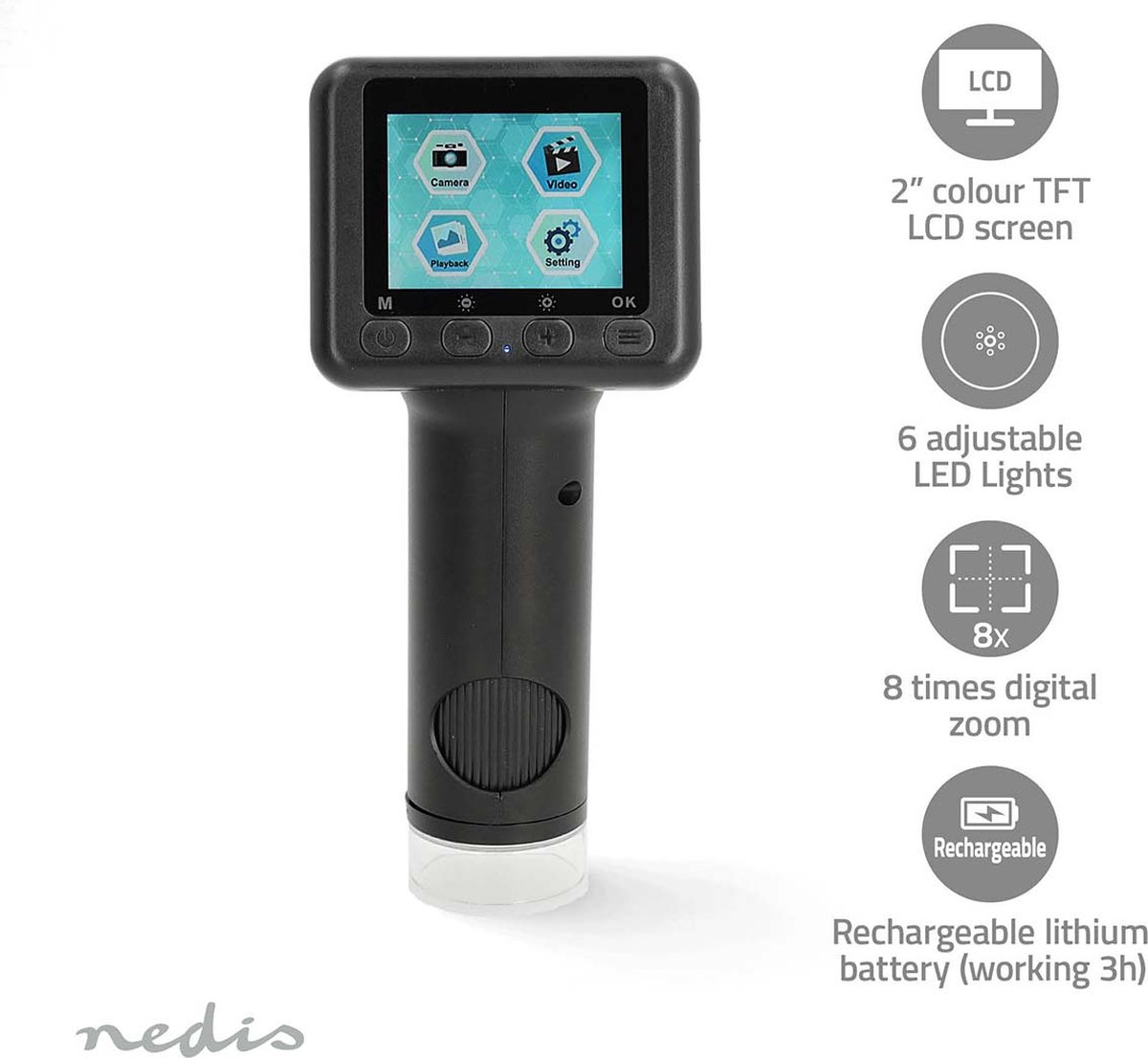 Nedis Microscoopcamera - 1080p@30fps - 48 MPixel - Zoom: 8 x - Vergroting: 500 x - Schermdiagonaal: 2.00 " - Zwart