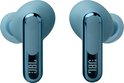 Twee blauwe oordopjes met zilveren metallic accenten en JBL logo.