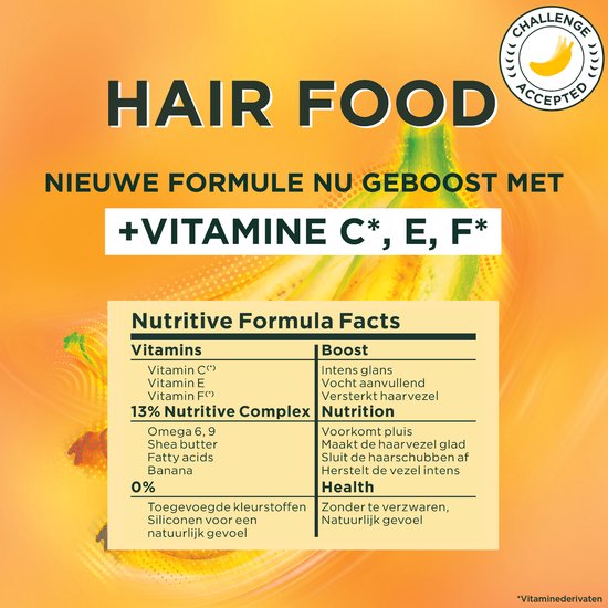Garnier Fructis Hair Food, nouvelle formule enrichie en vitamines C, E, F. Contient un complexe nutritif et 0% de colorants ajoutés.